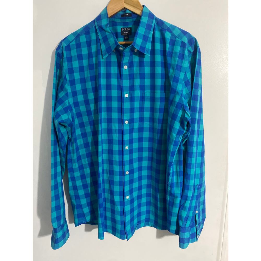 J Crew button down shirt men’s XL blue plaid cotton slim flex washed casual